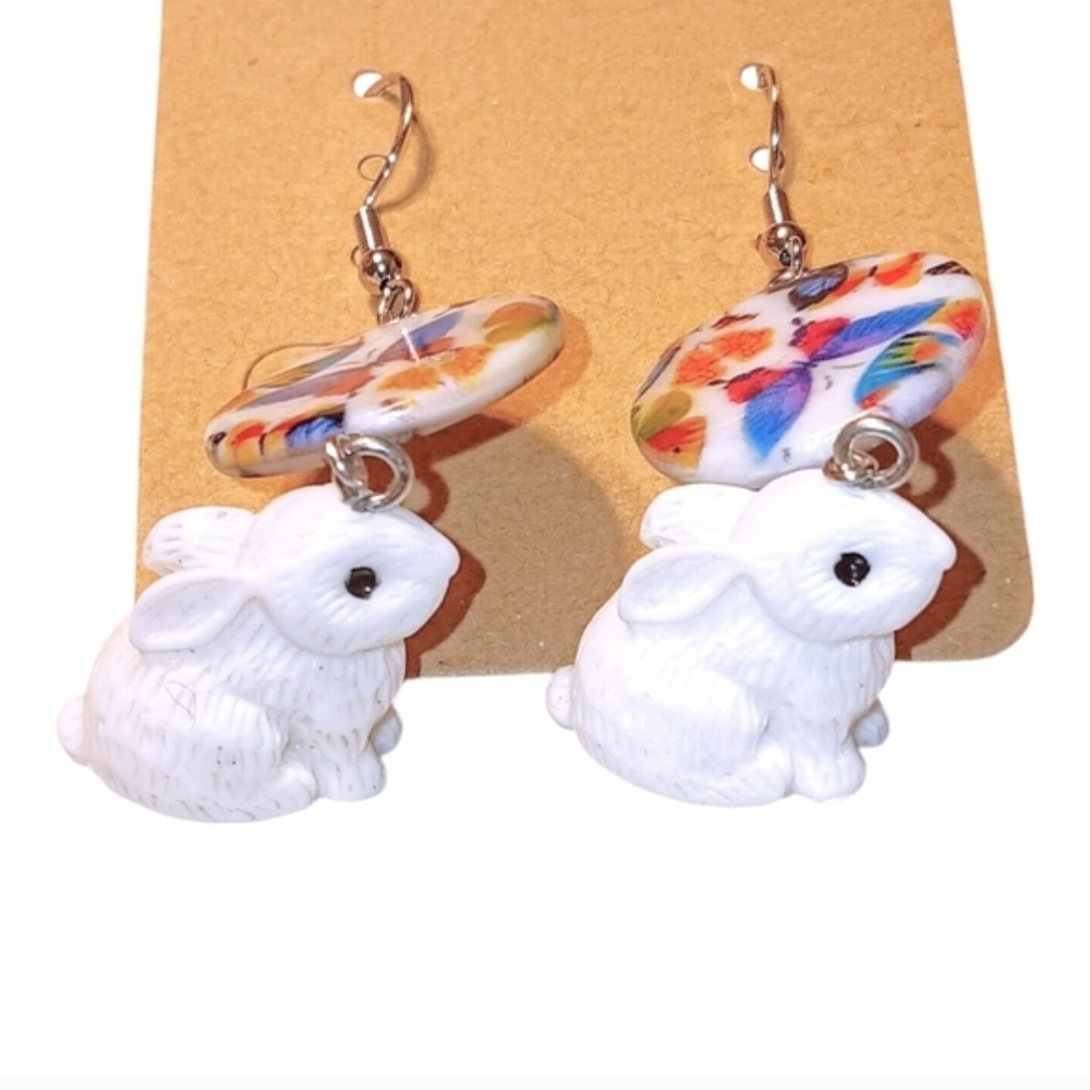 HANDMADE White Bunny Rabbit & Colorful Butterfly Mother of Pearl Dangle Earrings - Picture 3 of 5